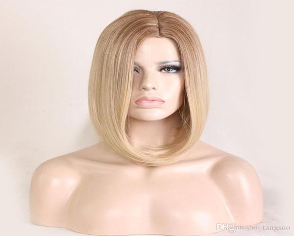 

women medium straight synthetic wig short carve flaxen gold gradient bobo heat resistant cosplay wigs ombre color fake bobo hair c8150506, Black
