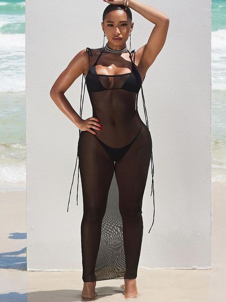 

casual dresses mesh see through lace-up backless slim long dress summer vacation beach party 2023 women clothes for wholesale, Black;gray