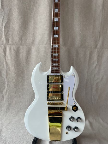 

custom sg electric guitar with gold-tone hardware tremolo system with three pickups, pure white,chinese guitar