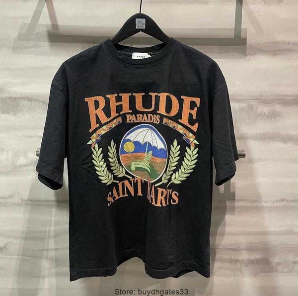 

2023 rhude men's t-shirts summer holiday beach printed women men t shirts tees casual men streetwear cotton short sleeve t shirt, White;black