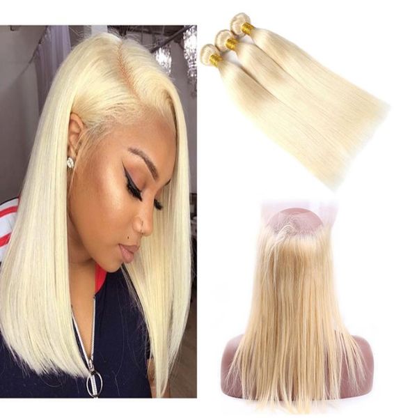

613 blonde 22542 inches lace frontal with bundles straight blonde brazilian virgin human hair weaves transparent 360 swiss lac1467995, Black;brown