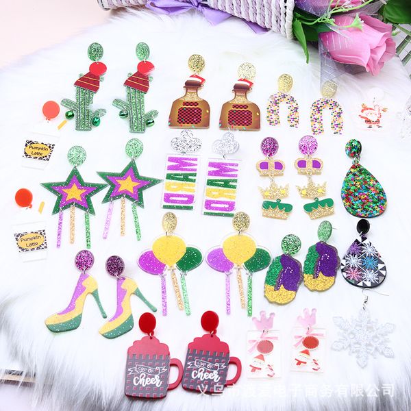 

new arrival cute cartoon christmas earrings for women sweet santa claus snowflake snowman deer acrylic drop earrings, Silver
