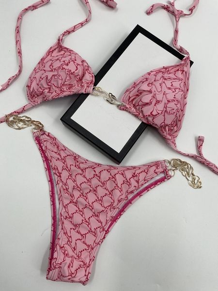 

designer fashionable swimsuit for women halter triangle bra chain linked bikinis set with letter 2 piece swimwear beach bathing, White;black