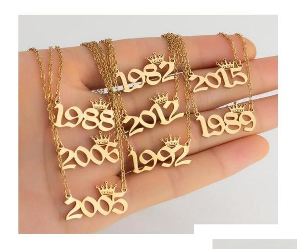 

new personalized birth year number necklaces custom crown initial necklace pendants for women girls birthday jewelry special year 4020616, Silver
