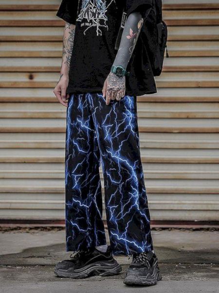 

pants high street pants punk lightning print straight casual pants men's loose allmatch dark hiphop pendant anklelength trousers, Black