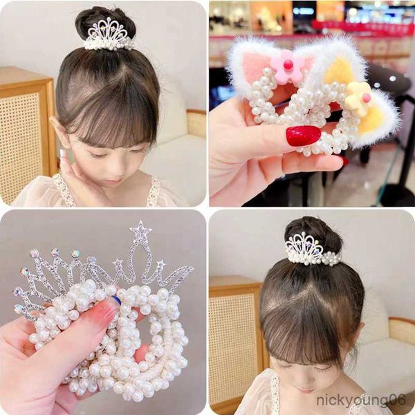 

hair accessories children ball bun ties fashion pearl crown princess bands elastic rubber for baby girls r230608, Slivery;white