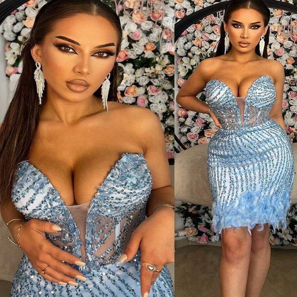 

2023 sky blue sheath graduation dress feather sequined lace short mini homecoming party formal cocktail prom gowns dresses zj420, Blue;red
