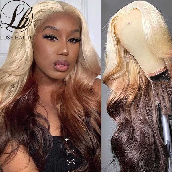 

colored lace front wig synthetic brown wig blonde 613 roots with black ends body wave transparent lace frontal wig cosplay 230524, Black;brown