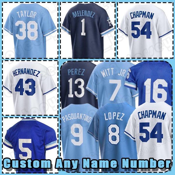 

7 bobby witt jr 13 salvador perez baseball jerseys 24 lyles 54 aroldis chapman 16 bo jackson brad keller vinnie pasquantino kansas city scot, Blue;black