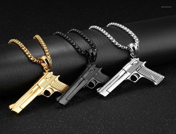 

hip hop rock desert eagle automatic pistol gun men pendants necklace 316l stainless steel jewelry with 60cm gold chain12982789, Silver