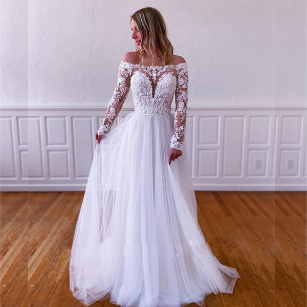 

off shoulder summer country wedding dress long sleeve beach bridal gown lace dress of woman bride, White