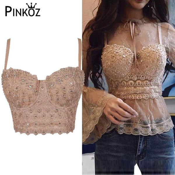 

t-shirt pinkoz mesh lace bead bustier pearls diamond push up night club bralette women's bra cropped vest camis slim 2020new fashion, White
