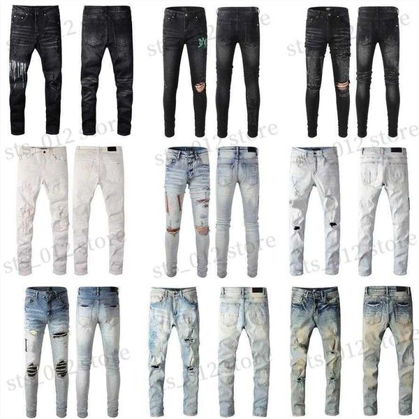 

designer men's jeans mens jeans denim high street embroidery pants fashion holes trouser hip hop distressed zipper trousers for male t2, Blue