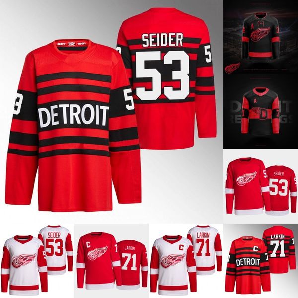 

53 moritz seider jersey red wings dylan larkin klim kostin alex debrincat shayne gostisbehere j.t. compher james reimer daniel sprong justin, Black;red