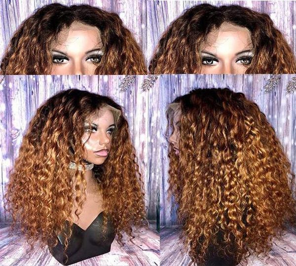 

ombre brown full lace human hair wigs for balck women brazilian remy hair 1b30 pre plucked curly lace front wigs3690327, Black;brown