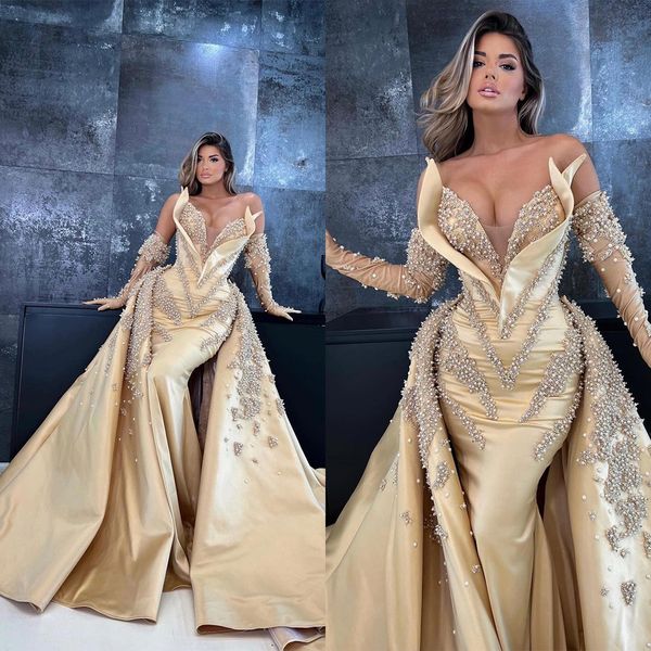 

gorgeous mermaid prom dresses art deco-inspired neck satin shining applicants pearls pleats chapel gown custom made plus size party dress ve, Black