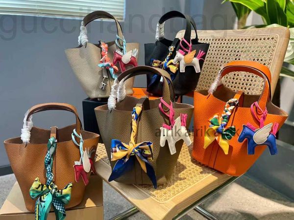 

vegetable basket bags picotin lock female genuine leather 2023 first layer cowhide handbag large capacity bucket bag brand tote luxury