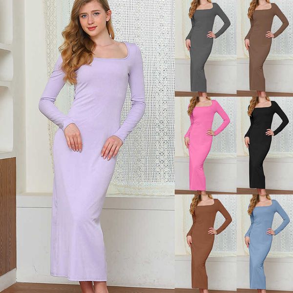 

women's spring autumn new solid color slim dress with large u-neck, Black;gray