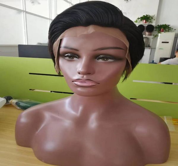 

short straight human hair wigs glueless lace front wigs pixie short cut lace front ladies wig whole malaysian wigs for black w2846082, Black;brown