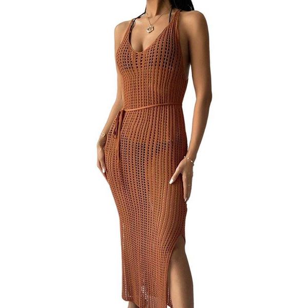

summer new solid color knitted sling dress beach sweater overlay skirt for women, Black;gray