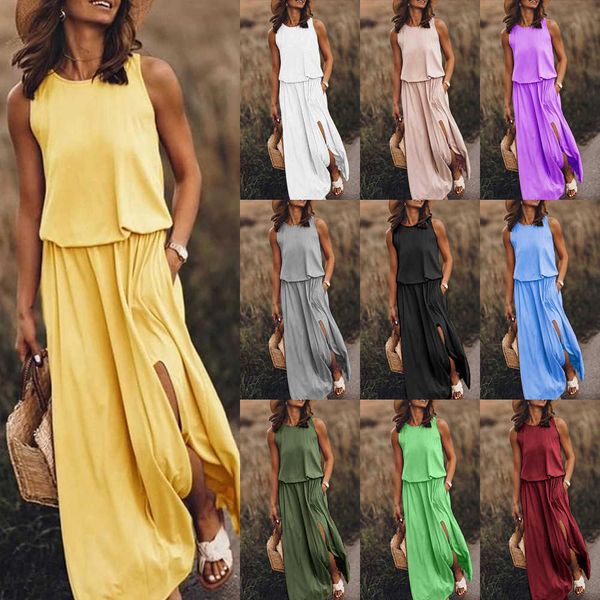 

summer new women's round neck sleeveless dress with split multicolor solid color dress, White