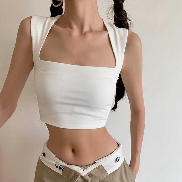 

women's t-shirt designer summer new suspenders pure color temperament girl square neck wide shoulder slim shorts umbilical sports small, White