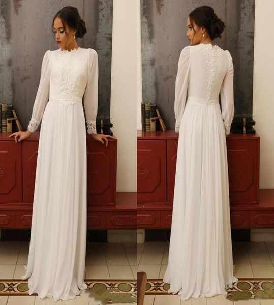 

vintage chiffon aline wedding dresses puffy long sleeves high neck appliques lace floor length bridal gowns formal dress custom m7422517, White