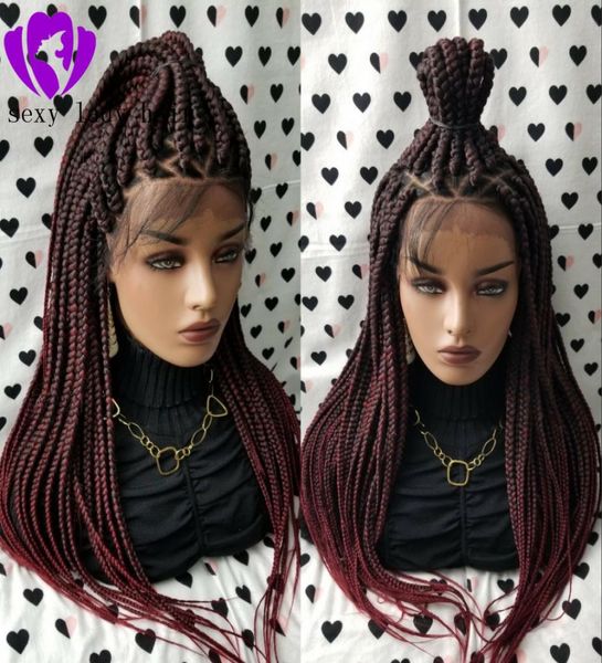 

part ombre red color braided box braids lace frontal wig heat resistant hair long natural full braided wigs for black women2158100