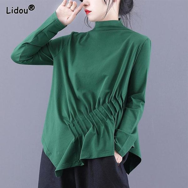 

t-shirt folds tshirts casual oneck spring autumn solid long sleeve comfortable leisure loose popularity allmatch women's clothing, White