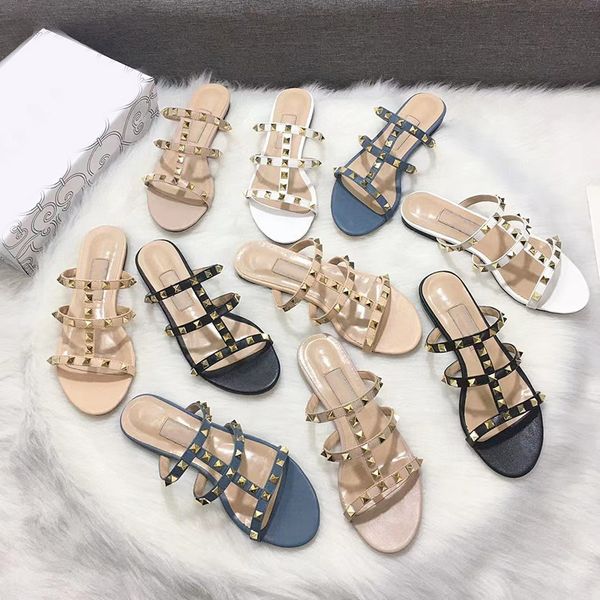 

designer slippers casual flat bottom sandals leather rivet slippers brand sandals 2023 summer beach shoes, Black