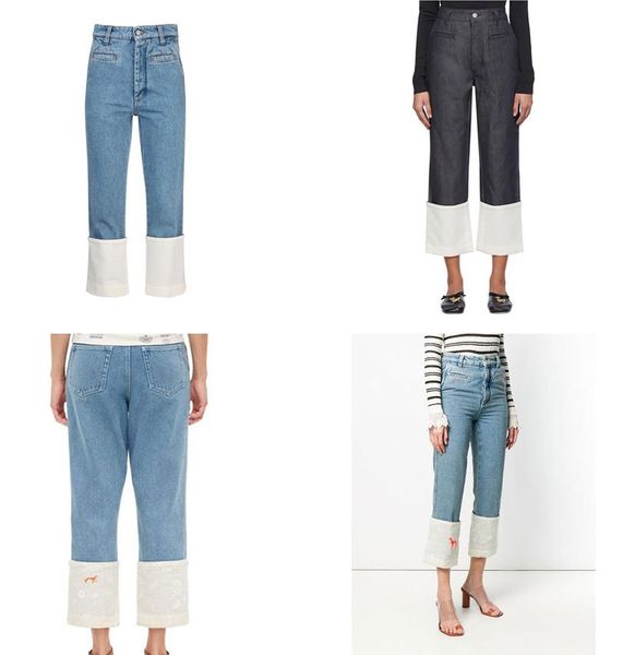 

jeans womens high street designer trouser legs open dog embroidery printing folded edge denim straight trousers warm slimming jean pants fas, Blue
