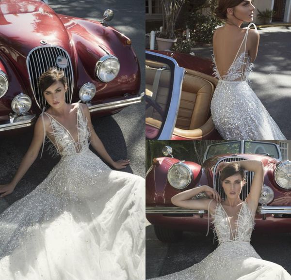 

2019 berta beach wedding dresses deep v neck bling sequins beading backless wedding dress feather custom made boho bridal gow5266059, White