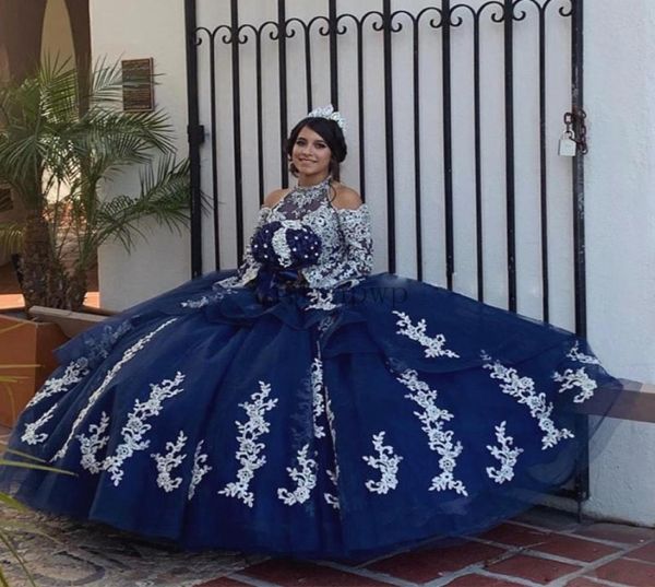 

navy ball gown quinceanera dresses halter off shoulder long sleeve tiered appliques crystal beads formal prom party gowns for swee4845719, Blue;red