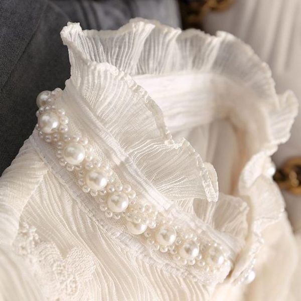 

shirts court style blusas mujer pearl fungus stand collar lace shirts pleated long sleeved shirt women feminina spring blouse, White