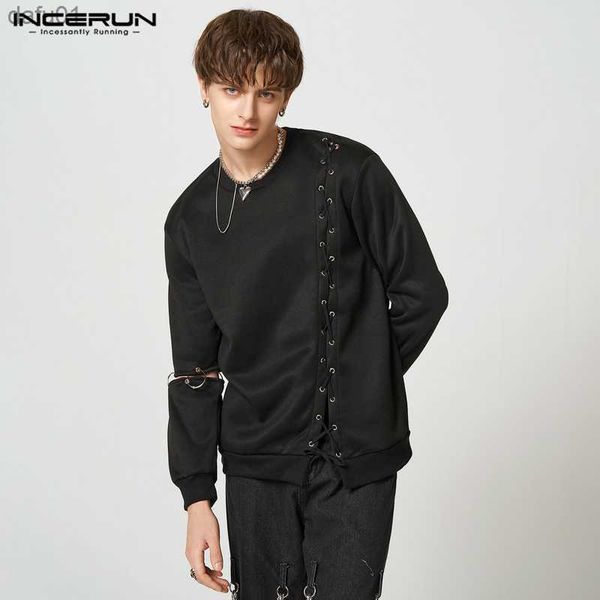 

incerun 2023 men hoodies lace up hollow out o-neck long sleeve patchwork sweatshirts streetwear stylish casual pullovers s-5xl l230520, Black