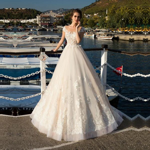 

vintage boho wedding dress cap sleeves vestido de noiva robe de mariee backless with sweep train wedding gowns, White