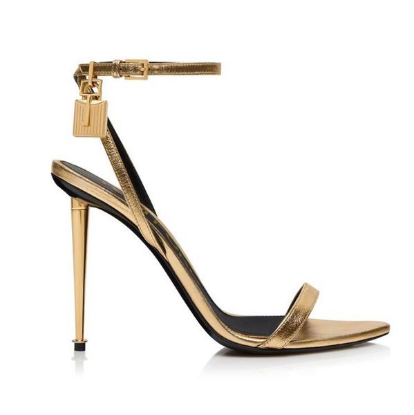 

stiletto sandals metal padlock narrow word band high-heeled sandals 105mm women's leather luxury designer high-heeled shoes factory foo, Black