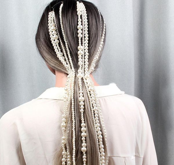

white beaded hair extensions set simulated pearl long tassel chain head chains with clip bridal wedding accessories women party je3421600