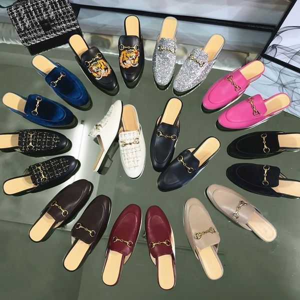 

classic women flat slippers shoes real cowhide metal buckle lady leather casual shoe mules princetown men printed trample lazy slides loafer, Black