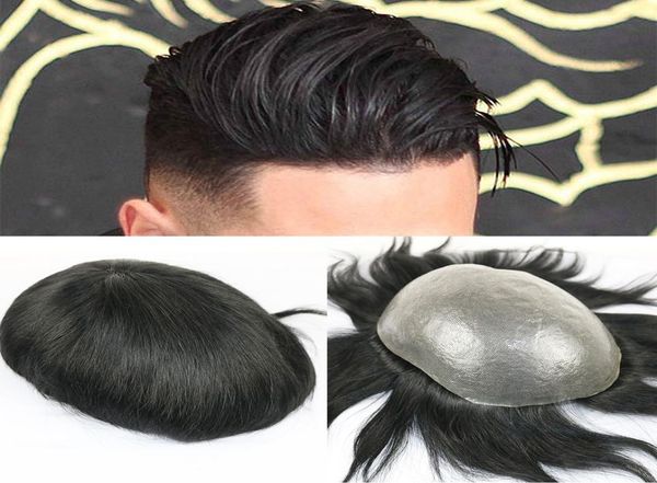 

full pu men toupee durable 006008mm skin natural looking remy hair men wig human hair full pu replacements toupee9291108, Black
