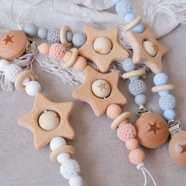 

soothers teethers 1pc baby teether pacifier chain personalized beech star wooden clip geometric crochet beads tiny rod toys 230607