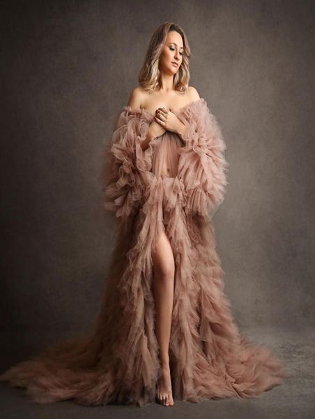 

dusty pink prom dresses po shoot women lush tulle maternity robes for pography ruffled bridal bathrobe custom made7402371, Black