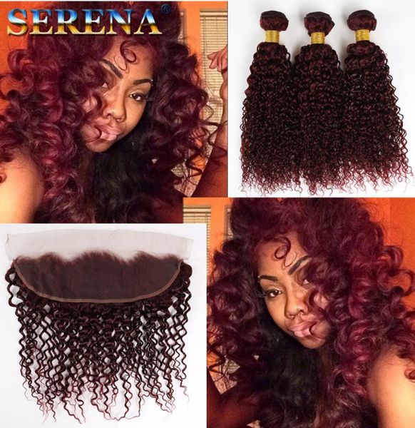 

99j wine red deep wave virgin hair with 13x4 frontal lace closure 4pcs lot burgundy deep curly human hair bundles with ear to ear5787558, Black;brown