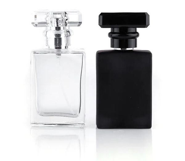 

fashion type 30ml portable transparent black glass perfume spray bottles with aluminum atomizer empty cosmetic containers for travel
