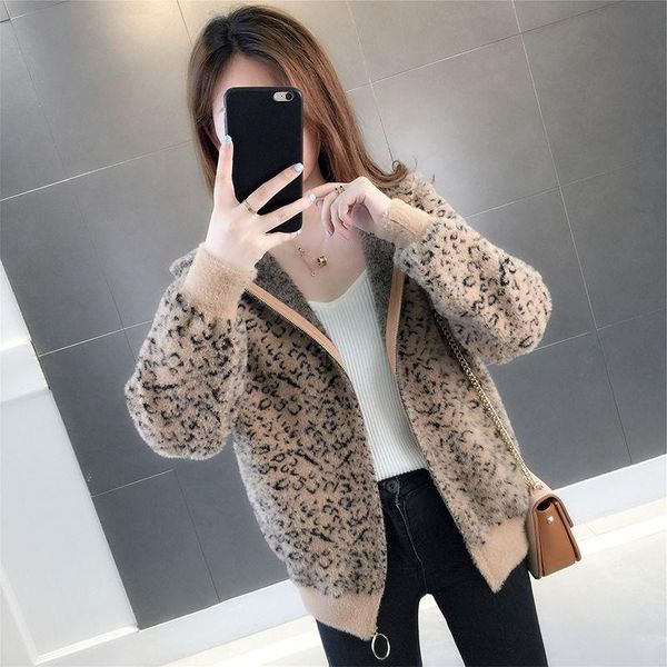 

sweaters lady new autumn and winter women korean version of the leopard sweater woman mink velvet jacket knitted cardigan fashion female, White;black