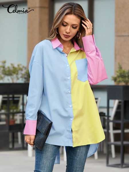 

shirts celmia 2023 fashion women long shirt elegant long sleeve blouse casual buttons vintage color patchwork asymmetrical tunics, White