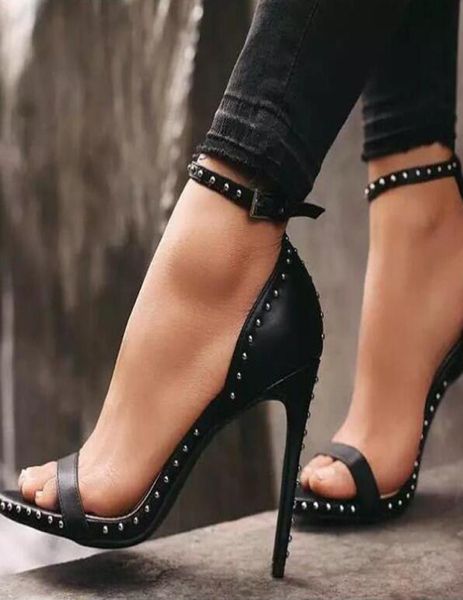 

rivet thin heel sandals women summer designer open toe high heel shoes pointed toe leather sandals1528430, Black