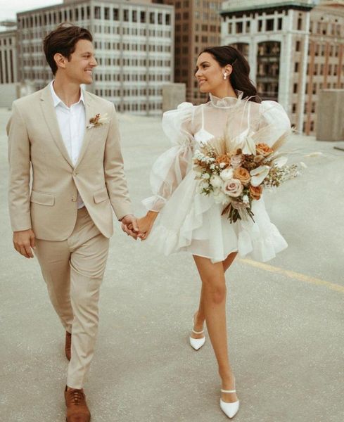 

casual design short wedding dresses bridal gowns high neck long puffy sleeve ruffles a line cute mini vestido de noiva outdoor 2027889644, White