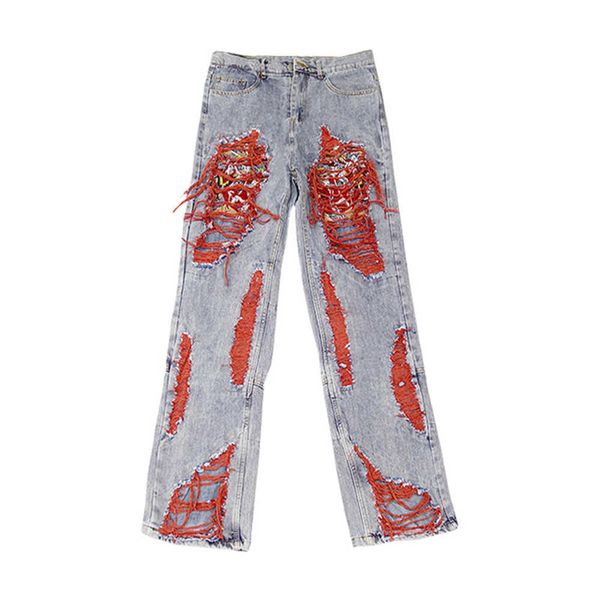 

men's jeans embroidery ripped high street fashion men denim pants jean hip hop casual trousers, Blue