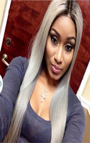 

dark roots brazilian grey ombre hair full lace wig human natural hair line glueless grey silver ombre straight lace front wigs1281843, Black;brown